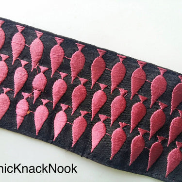 Black Fabric Trim With Blue / Purple Leaf Embroidery One Yard Lace Trim, Approx. 60mm Wide - 200317L369 / 70